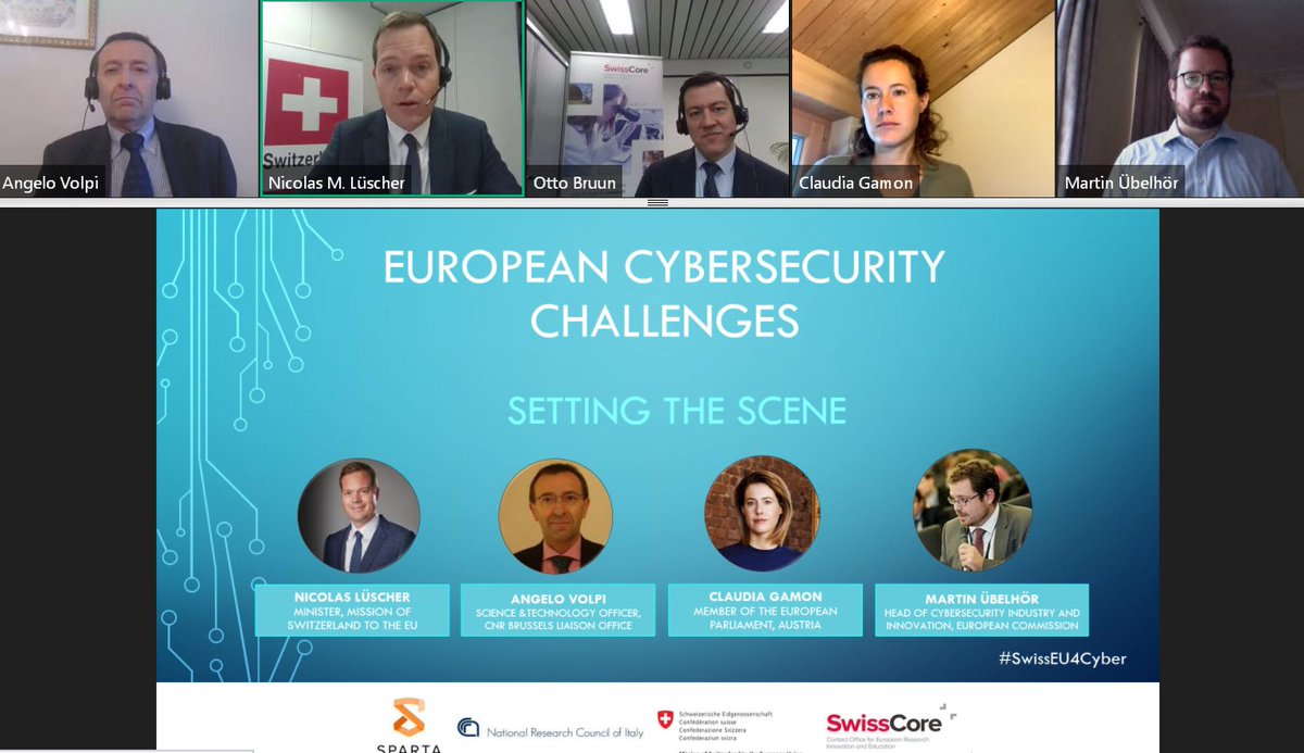 Nicolas Lüscher, Minister in charge of Parliamentary Affairs at @SwissmissionEU, welcomes the participants to today's online innovation briefing on #CyberSecurity research and on how 🇨🇭 can contribute to it with strong clusters.
#SwissEU4Science #SwissEUrelations #SwissEU4Cyber