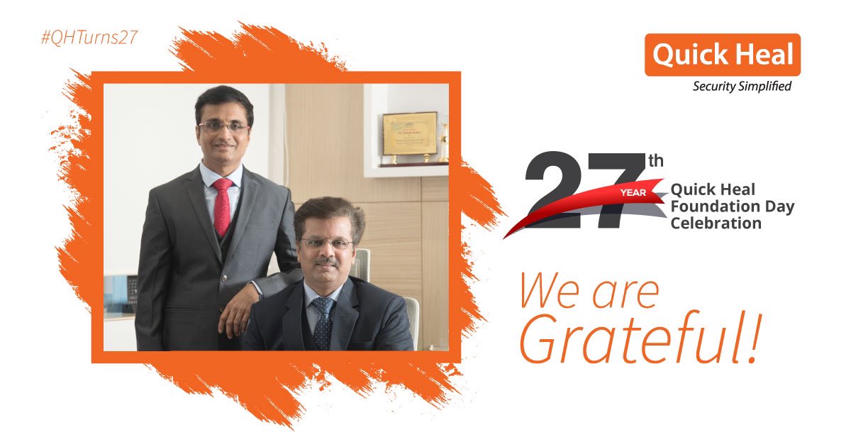 sanjaykatkar's tweet photo. Quick Heal completes 27 years today as we celebrate our Foundation Day. 27 years of fighting cyber threats. We are grateful for your motivation, support, and faith in us. #QHturns27 @quickheal @Seqrite https://t.co/OTDPeAu1ew