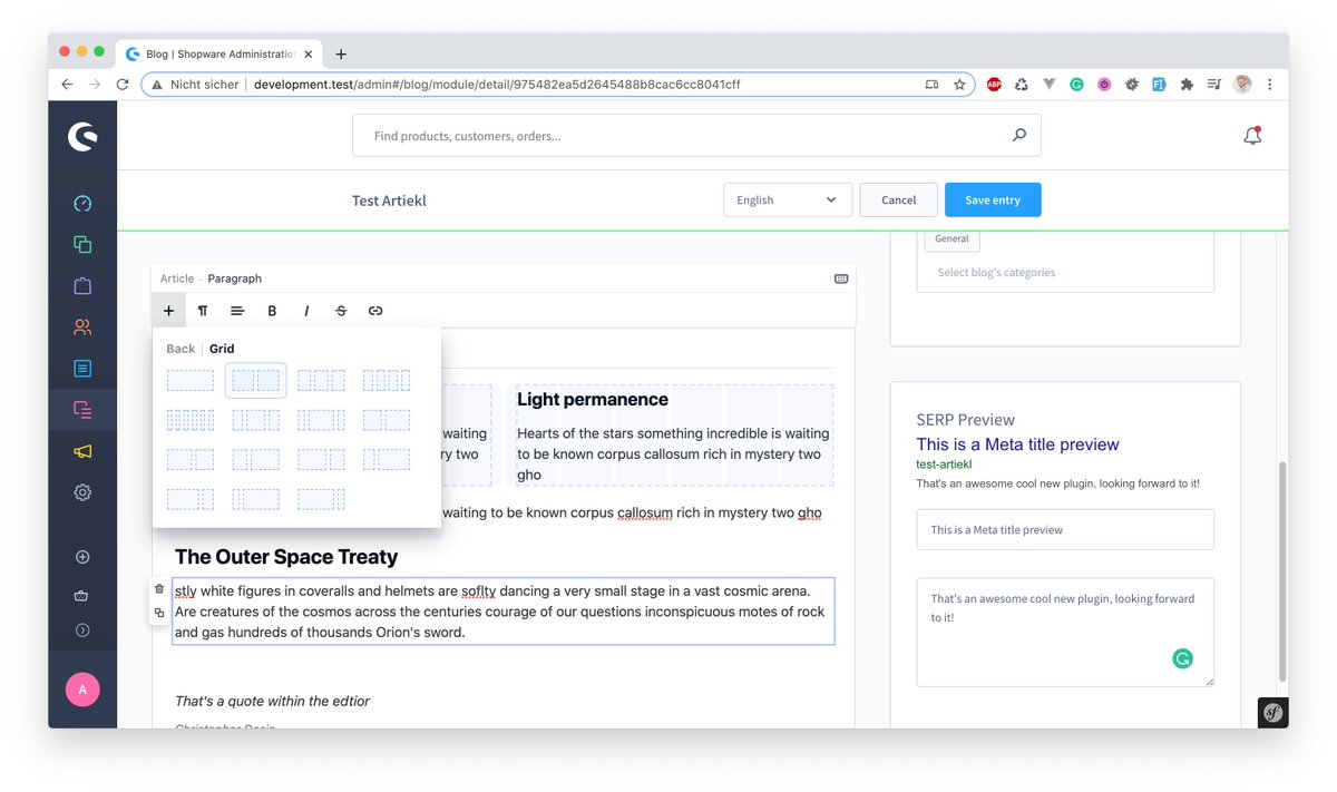 christopherdosi's tweet image. Currently, I am working on a #Shopware 6 "Blog Pro" Version. Due to license requirements for the editor, this version will be not for free.

However, this editor is just super awesome and gives you also the ability to add columns within your blog entry 😍