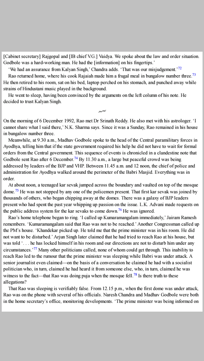Knowing the fact that he couldn't impose President Rule w/o breaking law/his govt, Rao tried his best to save Mosque through secret talks with Sangh Parivaar. Since the content of those talks is classified, one would never knew whether Rao really cared for RJM or not. 13/n