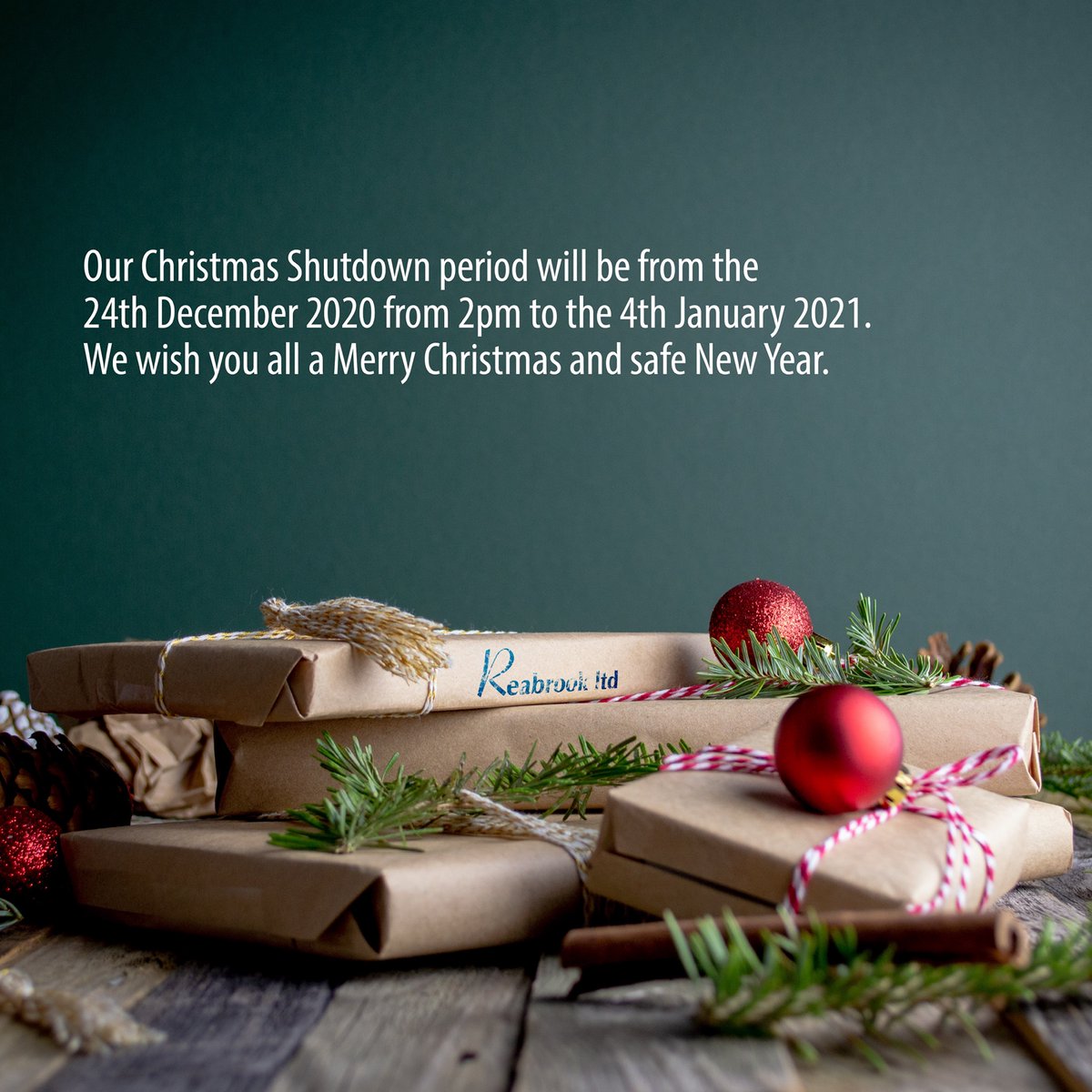 ReabrookLimited's tweet photo. Our Christmas shutdown period will be from the 24th December 2020 from 2pm to the 4th January 2021. We wish you all a Merry Christmas and safe New Year. https://t.co/VNH15PYm8b