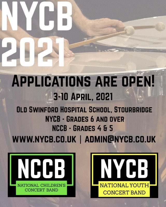 NYCBGB's tweet photo. Applications are still open for the 2021 NYCB and NCCB! Apply now at https://t.co/dLO0oZzx4U! #flute #oboe #clarinet #saxophone #bassoon #trumpet #horn #trombone #tuba #percussion #music #youth https://t.co/V6Wm1aIuWi