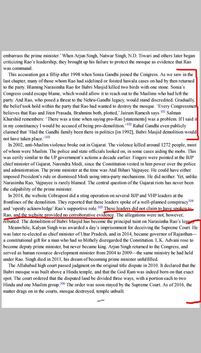 Knowing the fact that he couldn't impose President Rule w/o breaking law/his govt, Rao tried his best to save Mosque through secret talks with Sangh Parivaar. Since the content of those talks is classified, one would never knew whether Rao really cared for RJM or not. 13/n