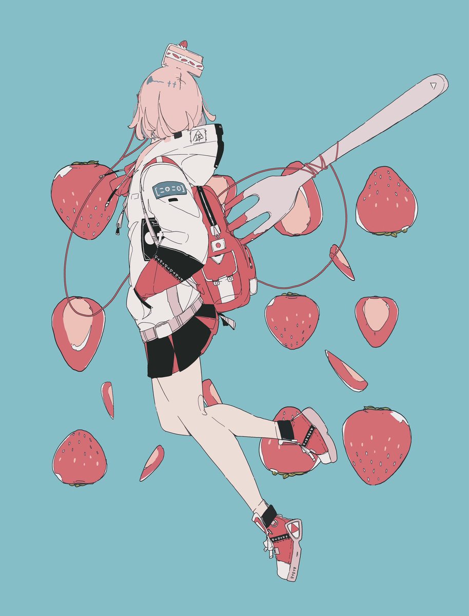1girl solo food strawberry fruit fork limited palette  illustration images