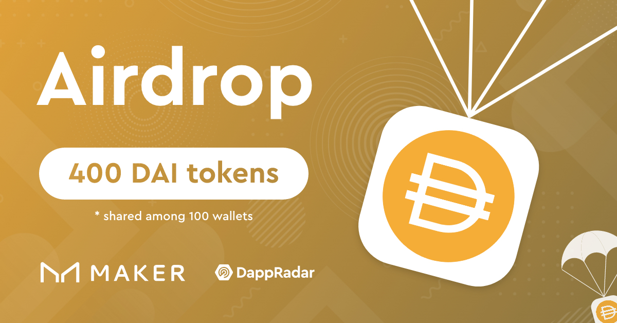 $DAI Airdrop is LIVE!

100 randomly picked users will share 400 #DAI tokens!

Click on the link below and register now: dappradar.com/hub/airdrops

Like &amp; Retweet!
#giveaway #tokens #crypto #airdrops #cryptocurrency #DAI