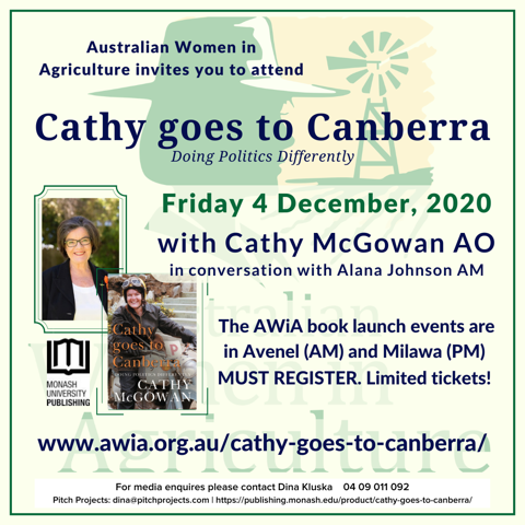 Tickets are still available for this Friday's Australian Women in Agriculture launch events of 'Cathy Goes to Canberra' in Avenel and Milawa! A great chance to hear @Indigocathy speak and get a signed copy of the book
#auspol #doingpoliticsdifferently #cathygoestocanberra #bebold