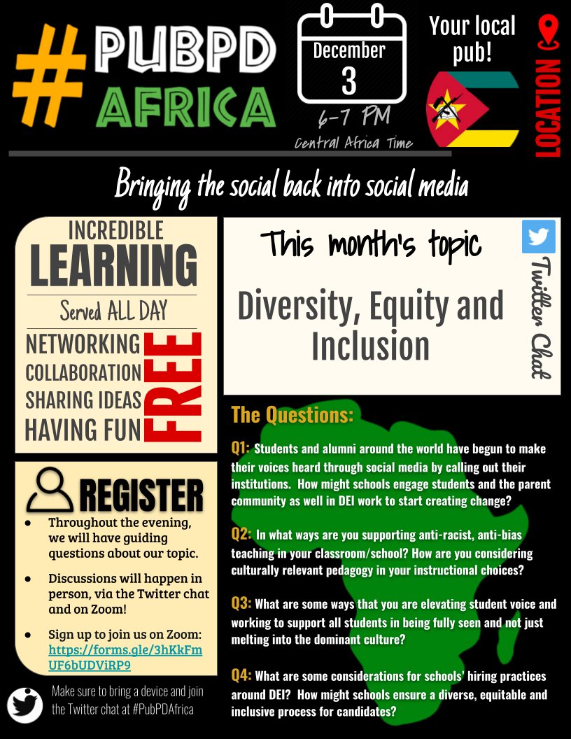 The count down has begun for our #PubPDAfrica chat around Diversity, Equity &amp; Inclusion in schools on Thursday Dec. 3rd at 6:00pm! Join us on Twitter or sign up to participate via Zoom: forms.gle/YqpKeodNcX4Ynd… #PubPDglobal 
<a href="/AISA_Schools/">AISA</a> #AfricaEd #PubPDasia #PubPDeurope #edchat