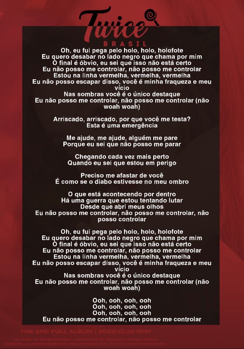 TWICE (NO) Brasil on X: 🇧🇷 - Tradução da letra de “I CAN'T STOP ME  (English Ver.)” #TWICE #트와이스 @JYPETWICE #ICANTSTOPMEEnglishVer   / X