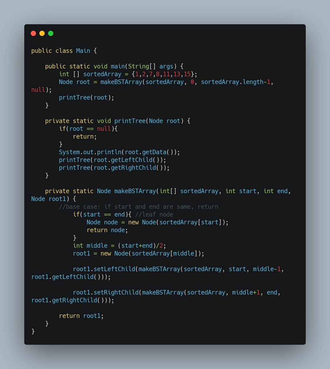 sahuv1's tweet photo. Cracking the Coding Interview
make BST with minimal height using sorted array(Java) https://t.co/qenE0zm91r
