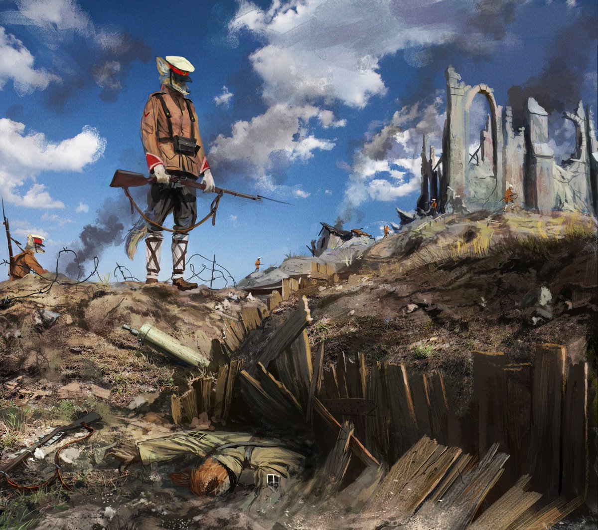 WhaleOil2's tweet photo. Mierran soldier overlooking a collapsed Rubesian trench following an artillery barrage. https://t.co/R9qjWKYn71