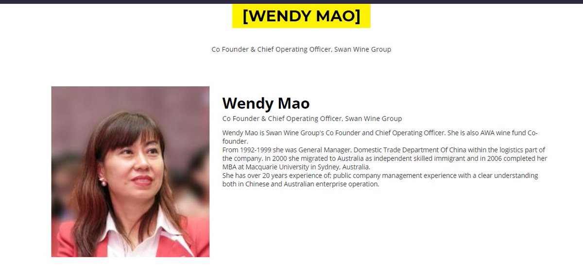 Wendy Mao, 毛艳华 Co Founder & Chief Operating Officer, Swan Wine Group: "From 1992-1999 she was General Manager, Domestic Trade Department Of China within the logistics part of the company." (Presumably MOFCOM) https://web.archive.org/web/20201130060922/http://www.chinabusinessconference.com.au/speakers/wendy-mao/
