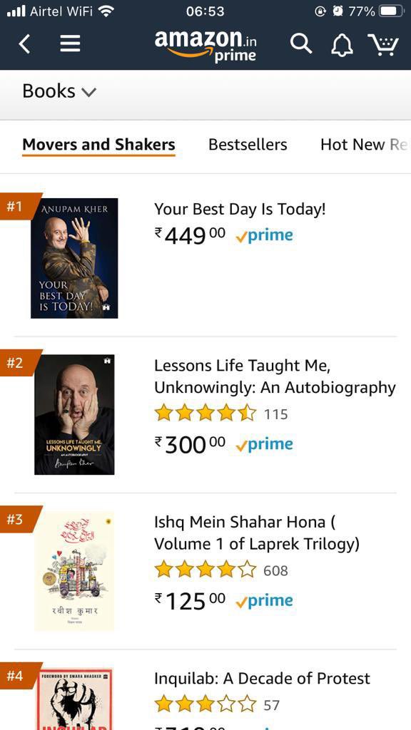 AnupamPKher's tweet photo. दोस्तों! अगर मेरी तीसरी किताब #YourBestDayIsToday मार्केट में आने से पहले @amazonIN पर #MoversAndShakers कैटगरी में #1 पर हो और दूसरी किताब #LessonsLifeTaughtMeUnknowingly #2 नंबर पर हो,तो इसका एक ही मतलब है.... ज़िंदगी में “कुछ भी हो सकता है”! जय हो! 🤓 https://t.co/9DhFUzFjbp https://t.co/09ONHzRln0