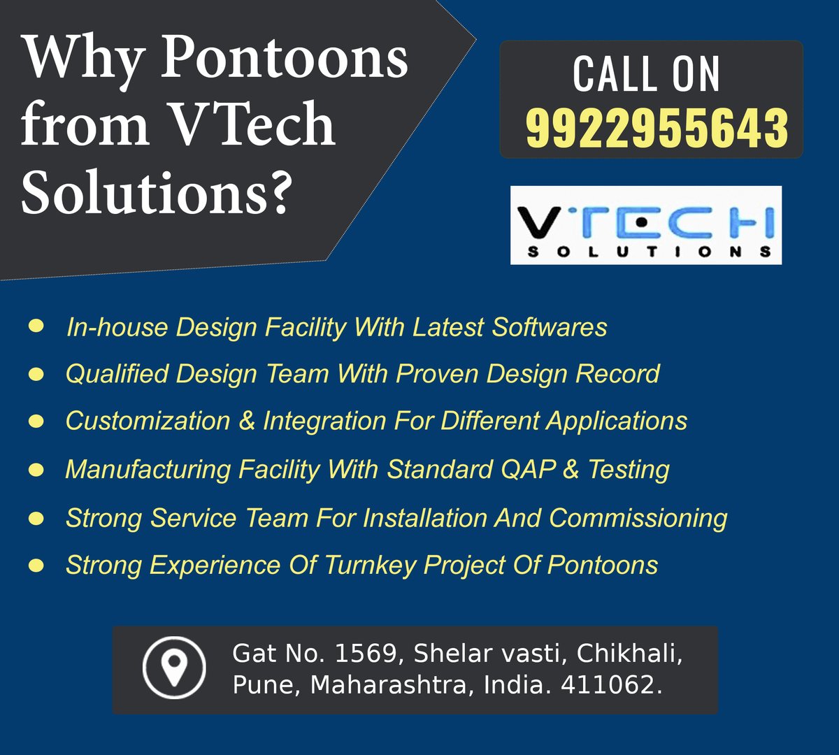 SolutionsVtech's tweet image. Why Pontoons from VTech Solutions?
For free Enquiry Call Us on 9922955643
info@vtechsolutionsindia.com
vtechsolutionsindia.com
Address:- Gat No-1569, Shelar Vasti, Dehu Alandi Road, Chikhali, Pune 411062.
#VtechSolutions #Pune