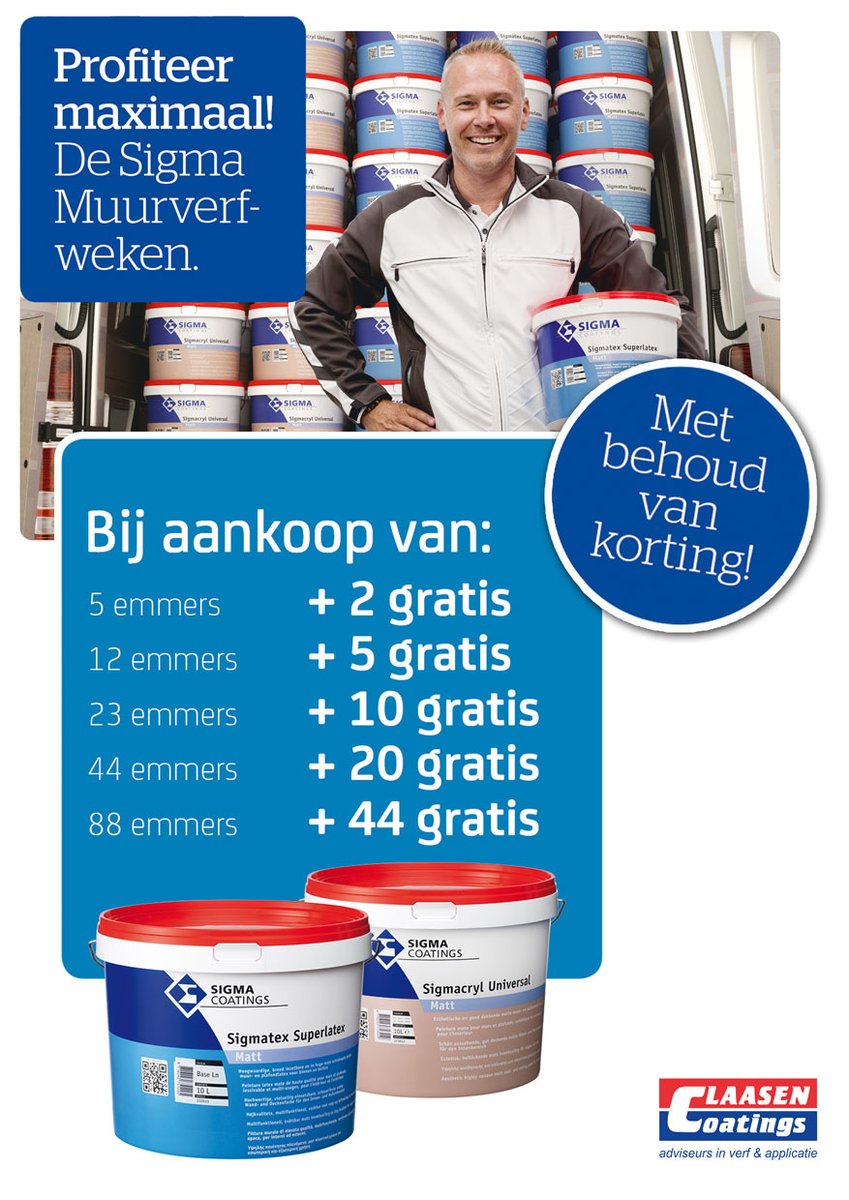 Profiteer Maximaal! Tot 31 december 2020 krijgt u gratis extra muurverf bij de vestigingen van Claasen Coatings. Meer informatie? Klik hier 👉 im.nu/8tBQ14
