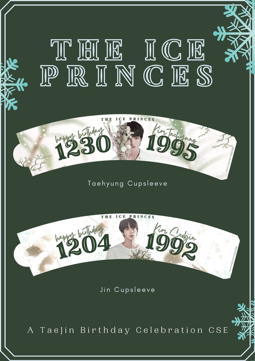 ❄️THE ICE PRINCES❄️

A TaeJin Birthday Celebration CSE 

🌨️PHOTOCARDS + POLAROIDS🌨️ 
        ++Add-On CS Designs 

🌀Deadline of Reg: Dec 5, 2020
🌀Reg Form: forms.gle/fNEWVmHQaehKxf…

🌬️For questions/concerns, pls dm @HTTSGsupport 

#HOPEtotheSGevents @btscupsleevePH @Purple7Cafe