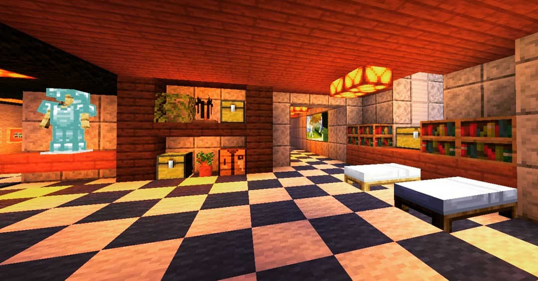 マイクラ建築日記 マイクラでホテルの内装を作りました 床をカーペット で敷いたり 棚や絵画など色んな飾り物を置くことでよりオシャレな内装になります マイクラ マイクラ建築 Minecraft