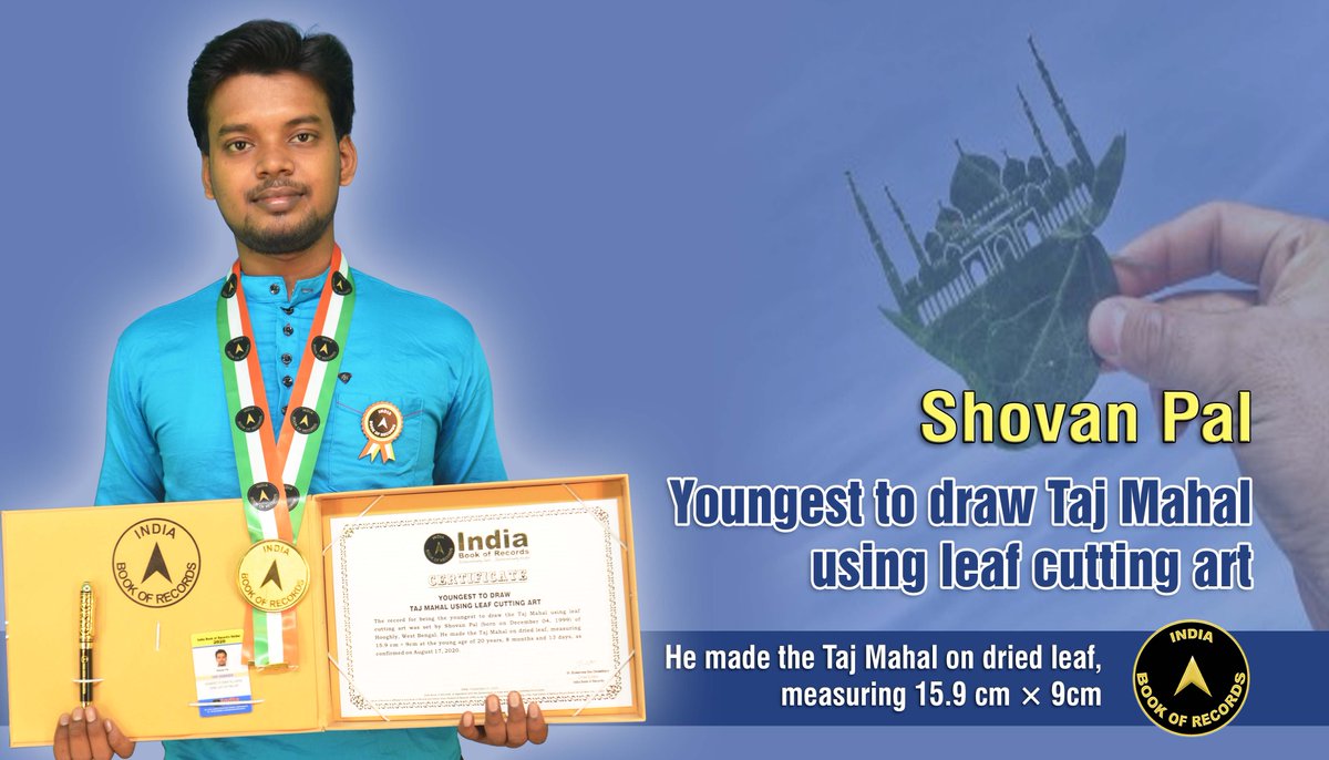 indiabookrecord's tweet photo. Shovan Pal of #Hooghly, #WestBengal set the #record for being the #youngest to #draw the #TajMahal using #leafcuttingart, #measuring 15.9 cm × 9 cm at #age of 20 #years, 8 #months & 13 #days.
Read More At: https://t.co/5drZWqogI6 https://t.co/qA0SulZeZF