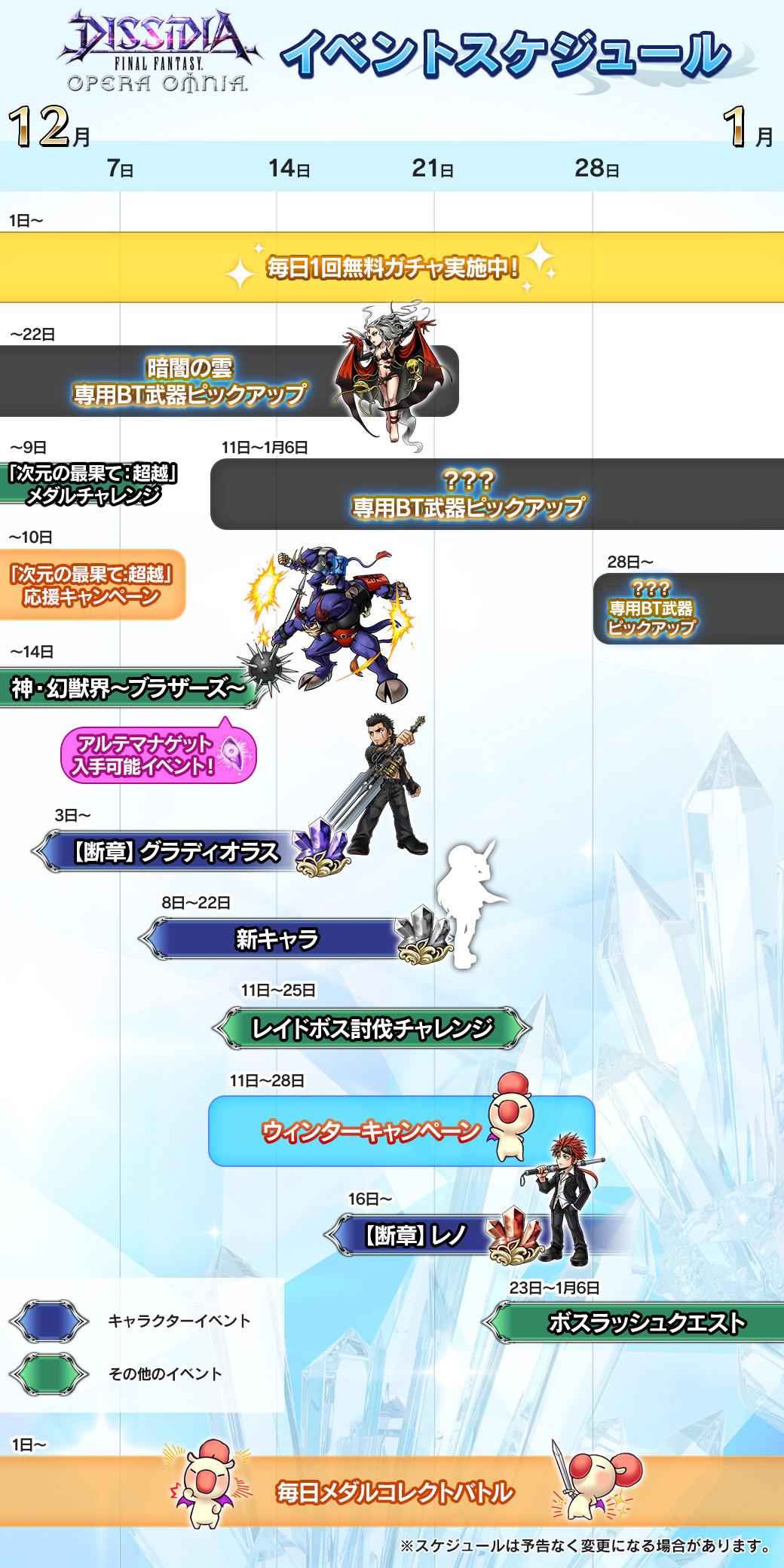 Dffオペラオムニア公式 12月イベントスケジュールをご紹介 ８日には新キャラがお目見え 11日からはウィンターキャンペーンが登場し 対象ガチャの初回10 １回無料などの施策が始まります 年末年始も盛り上げていきますので 引き続き オペラオムニア