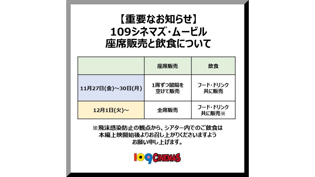 109シネマズ高崎 お知らせ 12 1 火 座席販売について 109シネマズ高崎では 12月1日 火 以降につきまして 全座席販売をいたします また コンセッションメニューは フード ドリンク共に販売いたします 詳しくはコチラをご確認ください 109シネマズ高崎 お知らせ 12 1 火 座席販売について 109シネマズ高崎では 12月1日 火 以降につきまして 全座席販売をいたします また コンセッションメニューは フード ドリンク共に販売いたします 詳しくはコチラをご確認ください