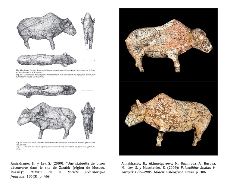 Continuando con arte mueble, entre las piezas más relevantes  que protagoniza el bisonte encontramos la escena de caza del alisador de Raymonden, el diente de cachalote de Las Caldas y, lejos de la Cordillera Franco-cantábrica, la escultura de bulto redondo de Zaraïsk 