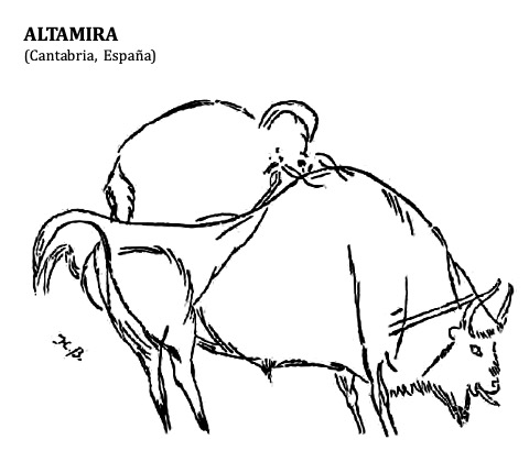 Existen muy pocas escenas en el arte paleolítico . Dos de las más llamativas tienen como protagonista al bisonte. La primera es la única escena explícita de cópula de todo el Paleolítico (Altamira) . La segunda, una escena de caza con un bisonte gravemente herido (Lascaux) 
