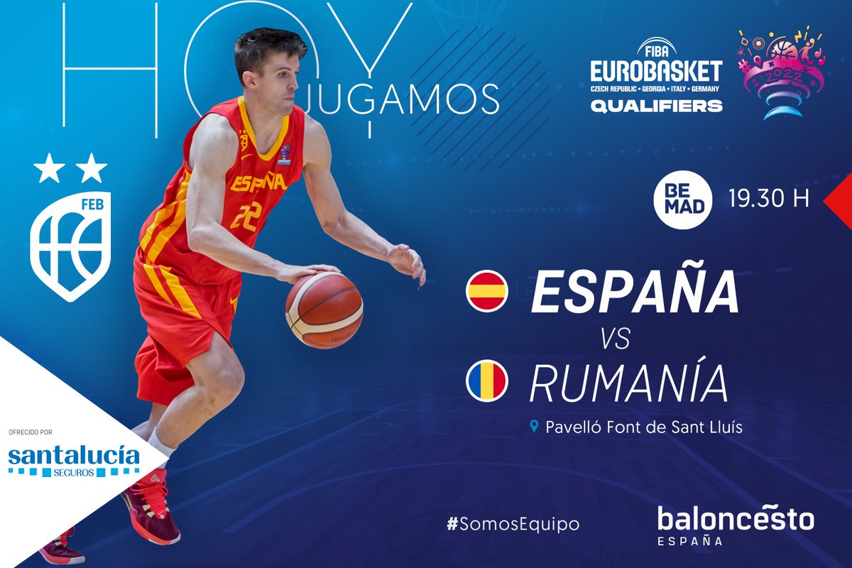 Baloncesto España (@baloncestoesp) on Twitter photo HOY JUEGA #LaFamilia‼️
A por el BILLETE 🎟️ al <a href="/EuroBasket/">FIBA EuroBasket</a> 😀
🏆 Clasificación <a href="/EuroBasket/">FIBA EuroBasket</a> 2022
🇪🇸🆚🇷🇴
⏰ 19:30h
📺 <a href="/BeMad_TV/">Be Mad</a>
📌 Fuente de San Luís
Ofrecido por <a href="/santalucia_seg/">Santalucía Seguros</a> | #SomosEquipo HOY JUEGA #LaFamilia‼️
A por el BILLETE 🎟️ al <a href="/EuroBasket/">FIBA EuroBasket</a> 😀
🏆 Clasificación <a href="/EuroBasket/">FIBA EuroBasket</a> 2022
🇪🇸🆚🇷🇴
⏰ 19:30h
📺 <a href="/BeMad_TV/">Be Mad</a>
📌 Fuente de San Luís
Ofrecido por <a href="/santalucia_seg/">Santalucía Seguros</a> | #SomosEquipo