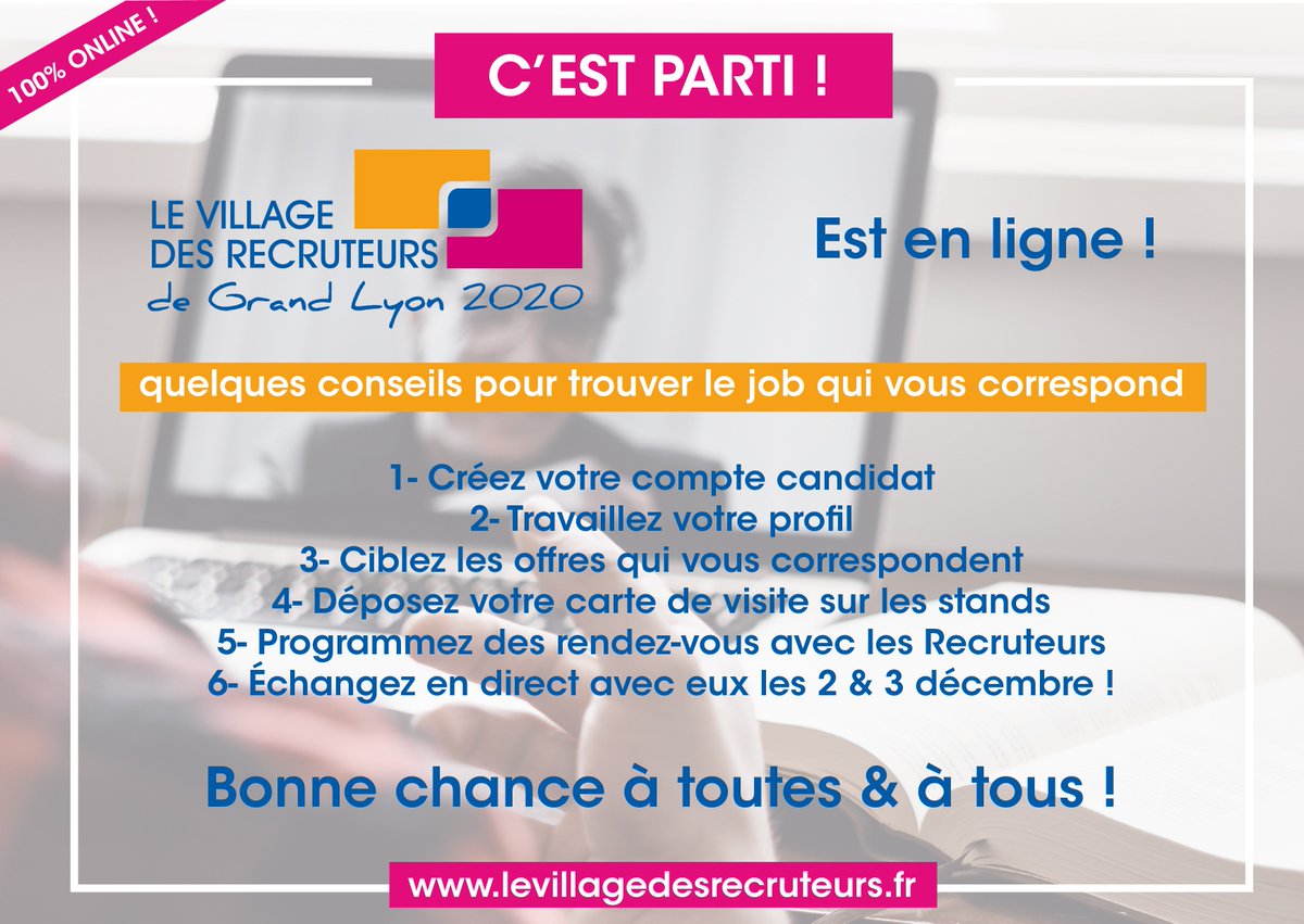C’est parti ! Le #VDRLyon2020 est ouvert ! 💥
Dès aujourd’hui et jusqu’au 4 décembre, vous pourrez consulter les 1 500 offres d'#emploi et #formation proposées &amp; échanger en live avec les Recruteurs les 2 &amp; 3 décembre. Inscrivez-vous sur : lnkd.in/gRR9dxA 👍