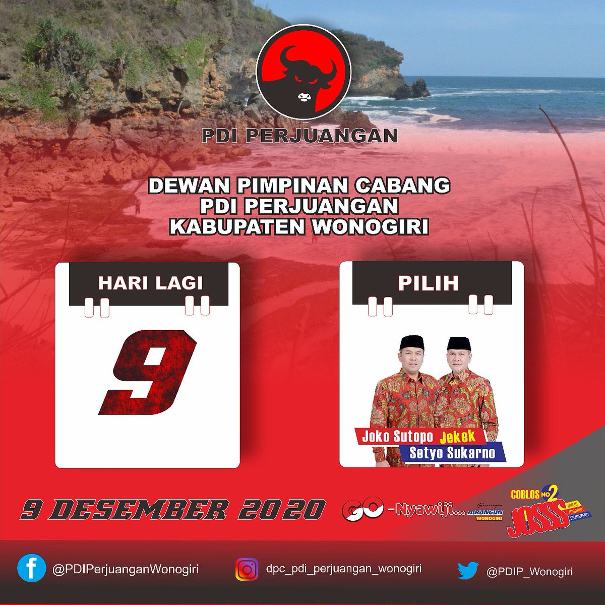 Kurang 9 Hari Lagi Menuju PiLkada Kabupaten Wonogiri 9 Desember 2020.
.
Ayo Semangat Datang ke TPS. CobLos Nomer 2. Pasangan JOKO SUTOPO &amp; SETYO SUKARNO
.
Tetap Patuhi ProtokoL Kesehatan ya. Budhal TPS Nganggo Masker Lurrr.
.
#PilkadaSerentak2020
#PDIPerjuangan
