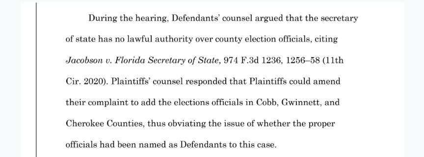 By citing Jacobson v Florida Secretary of State he showed us the flaw in the suit AND showed us how to implement change for future lawsuits to include EVERY OFFICIAL TOP TO BOTTOM who is involved in the elections. This should also include Dominion officials that are in each state