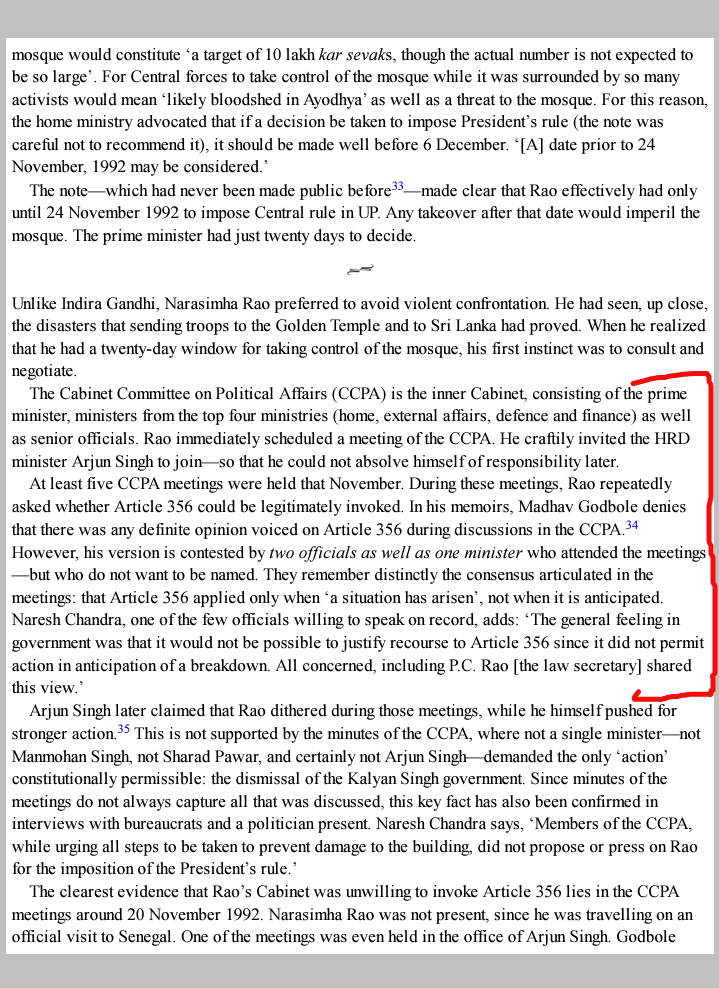 Since imposing President rule merely on grounds of potential demolition was hardly a legally valid ground so to save himself legally, Rao tried to muster support for his case from his Cabinet, opposition, Intelligence Bureau & even Supreme Court for but failed miserably. 9/n