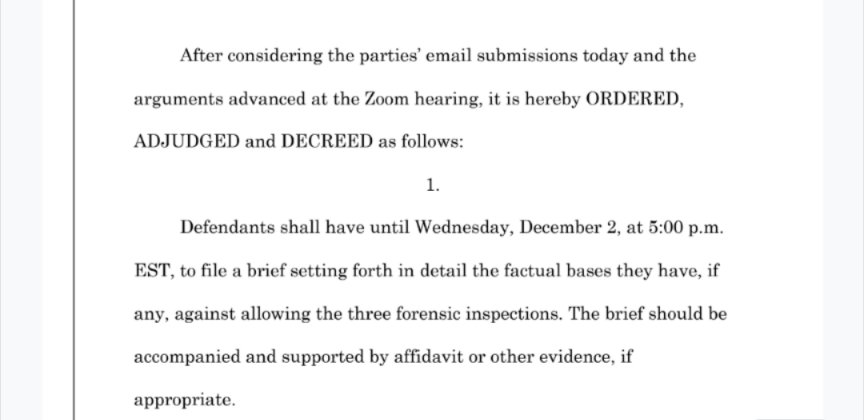 BUT WAIT THERE'S MORE!Judge Batten forced the defendants to show cause why these forensic examinations should NOT happen and is requiring an evidentiary brief by Wednesday. They must prove there is a FACTUAL reason for NOT completing these supervised and recorded inspections.