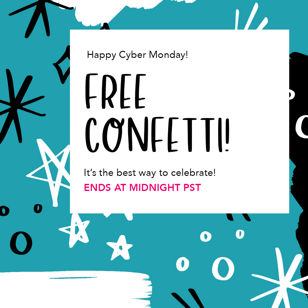 Our Cyber Monday deal is here! 🎉 

Today only: FREE confetti on all orders!  Add confetti to any Punkpost card order and it's free. No promo code needed. And no limit to the fun! 💌🎉 

Start sending: punkpost.co/open-punkpost-…

#cybermonday #cybermonday2020 #snailmail #confetti
