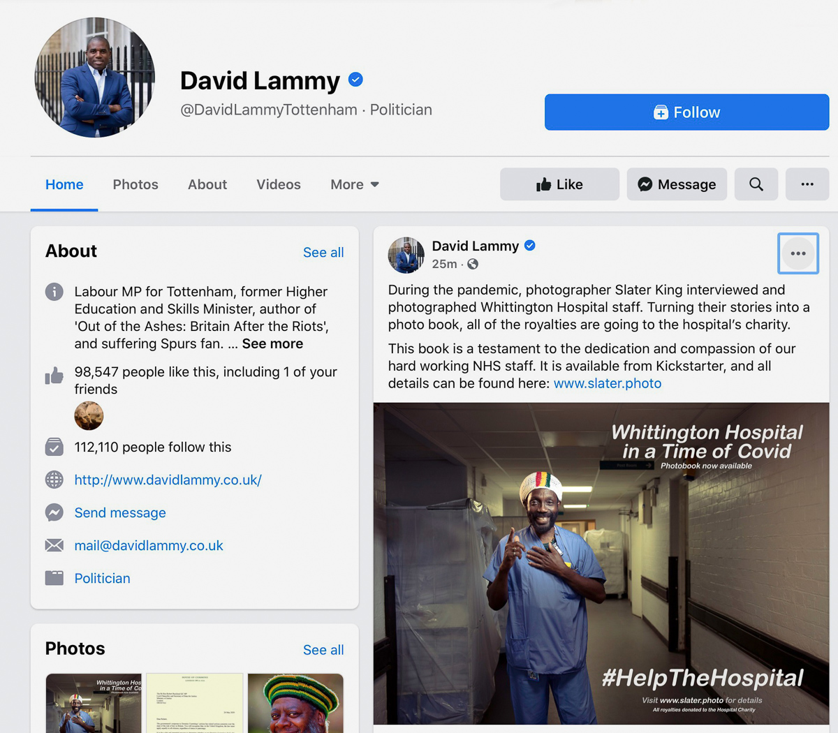 SlaterKingPhoto's tweet image. Big thank you to @DavidLammy for helping spread the word about this project helping, and about, local NHS workers at the Whittington Hospital @WhitHealth 
All royalties go to improve staff welfare
#thankyouNHS #HelpTheHospital
kickstarter.com/projects/slate…