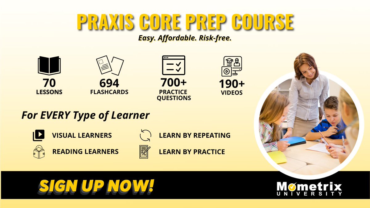 Mometrix's tweet image. Hoping to embark on a teaching career? #Mometrix University's Praxis Core course is designed to provide you with any and every resource you might want while studying. #prepthatempowers
Learn more! mometrix.com/university/pra…