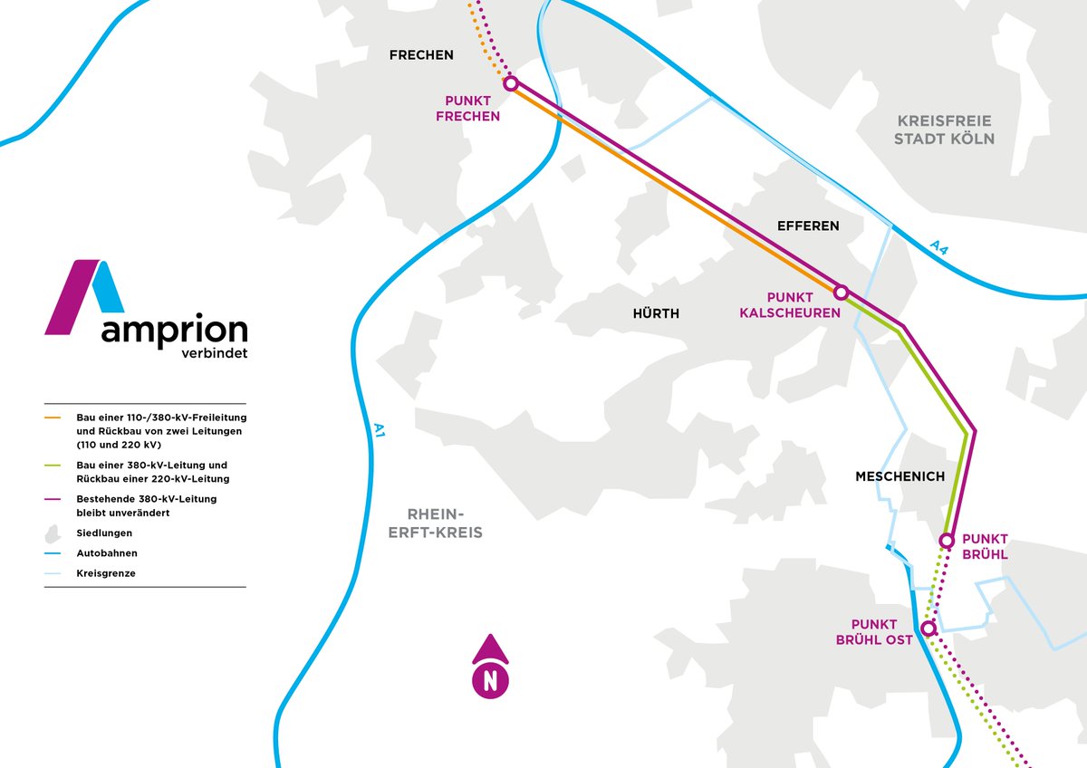 Amprion's tweet image. Lückenschluss für die Rheinschiene im #Stromnetz: Wir nehmen die Arbeiten an der neuen #Stromleitung Rommerskirchen – Sechtem wieder auf und starten den Bau des ca. 12 km langen Abschnitts zwischen #Brühl und #Frechen. Mehr dazu: amprion.net/Presse/Presse-…
#ENLAG15 #Netzausbau