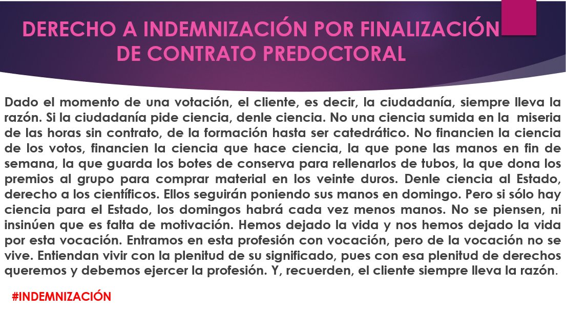 ChoniAG's tweet photo. Hoy se vota en el congreso el derecho a indemnización por finalización de contrato del personal predoctoral, del cual formo parte. He aquí mi pequeña reflexión.
#Indemnización
#SinDerechosTampocoHayCiencia
#SinCienciaNoHayFuturo
#LoPrometidoEsDeuda
#PGE2021 https://t.co/2DJaCoER6s