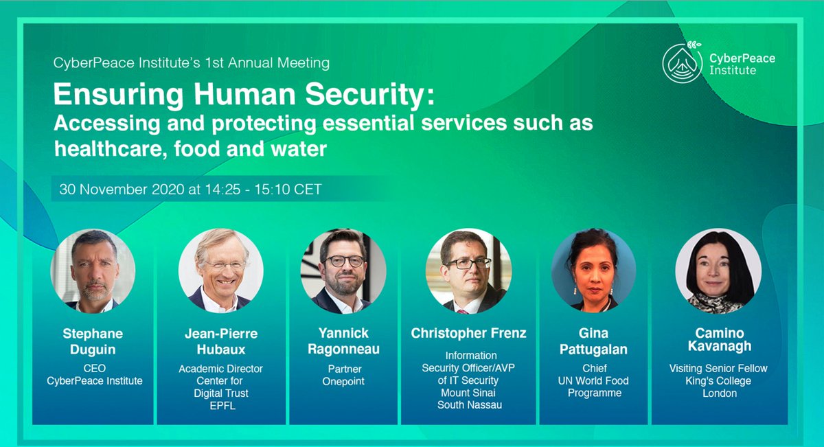 Our first panel discussion “Ensuring Human Security” is about protecting critical sectors like #food, #water and #healthcare from cyberattacks. Moderator, <a href="/DuguinStephane/">Stéphane Duguin</a>, CEO of the CyberPeace Institute
#Togehter4CyberPeace
<a href="/FrenzChris/">Christopher Frenz</a> <a href="/caminokav/">crk</a> <a href="/yragonne/">Yannick Ragonneau</a> <a href="/ChConcept/">hubaux jean-pierre</a>