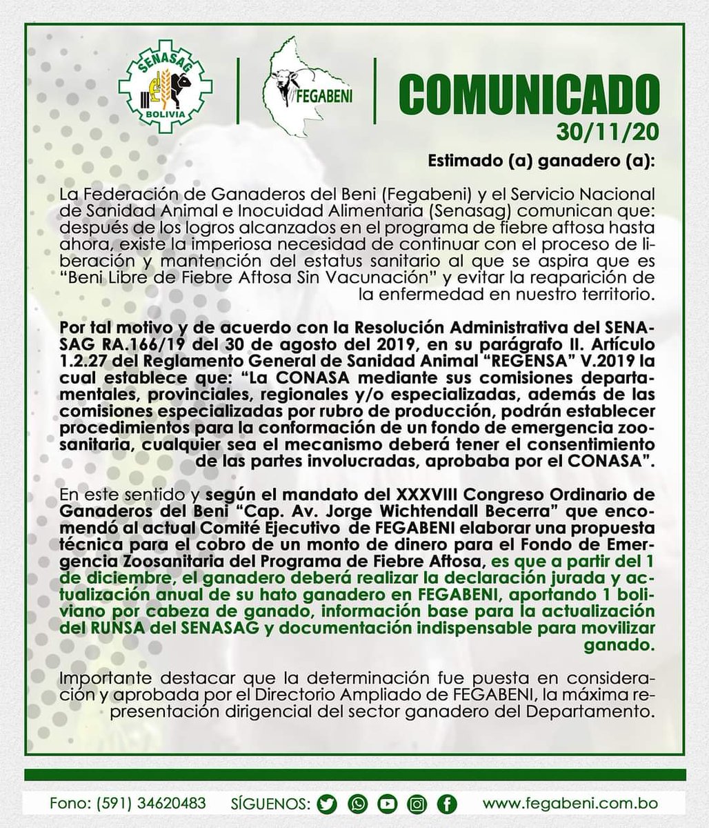 fegabeni's tweet photo. Estimado (a) ganadero (a):
Existe la imperiosa necesidad de continuar con el proceso de liberación y mantención del estatus sanitario al que se aspira que es “Beni Libre de Fiebre Aftosa Sin Vacunación” y evitar la reaparición de la enfermedad en nuestro territorio.

#FEGABENI https://t.co/EnlV0XNqzM