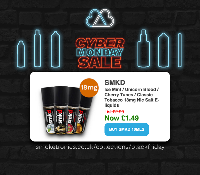 Smoketronicsuk's tweet photo. #CyberMonday #smkd 18mg nic salt e-liquids half-price: now just £1.49 https://t.co/5kw15SbAwx https://t.co/p6EkXx6ciZ