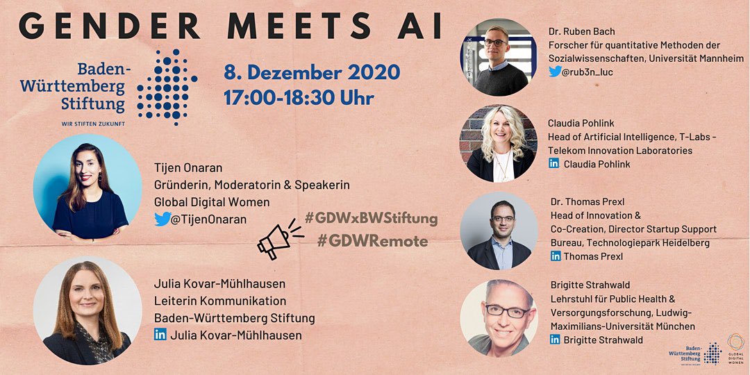 lukizzl's tweet image. Am 8.12. 17:00-18:30 das nächste #GDWinSTR nicht verpassen:

@juliacaroko &amp;amp; @TijenOnaran im Gespräch mit @rub3n_luc, Claudia Pohlink, Thomas Prexl &amp;amp; Brigitte Strahwald zu...

GENDER MEETS AI

🎫 eventbrite.de/e/gender-meets…

#GDWxBWStiftung #GDWRemote #KI #AI #Diversity