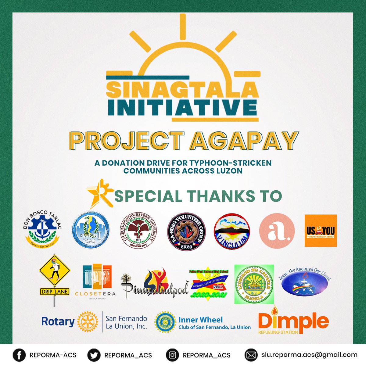 REPORMA_ACS's tweet photo. #ProjectAgapay is in partnership with:
Don Bosco Tarlac
DBTI Tarlac Batch 2015
Drip Lane PH
LNU FQDMF Medicine Student Council https://t.co/1TABuRV2Wo