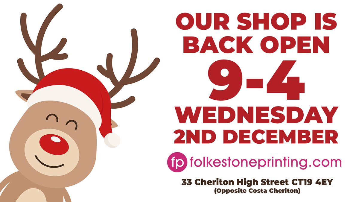 We're pleased to say that our high street shop is allowed to open fully again at 9am on Weds 2nd Dec 2020.

We look forward to welcoming you back :-)

Shop local this Christmas :-)

#folkestone #folkestoneprinting #shoplocal #SupportSmallBusiness #supportlocal #folkestoneworks