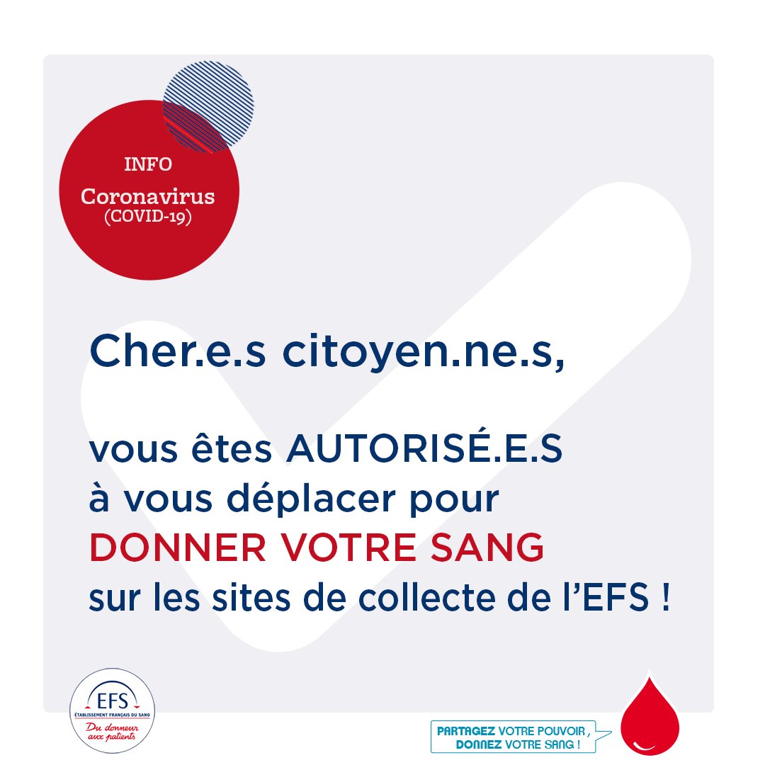 Pendant le confinement, vous êtes autorisés à vous déplacer pour donner votre sang sur les sites de collecte de l'<a href="/EFS_Sante/">Établissement français du sang</a>.🏥
Il suffit d’un simple clic pour prendre RDV : mon-rdv-dondesang.efs.sante.fr 

#dondusang #EFS