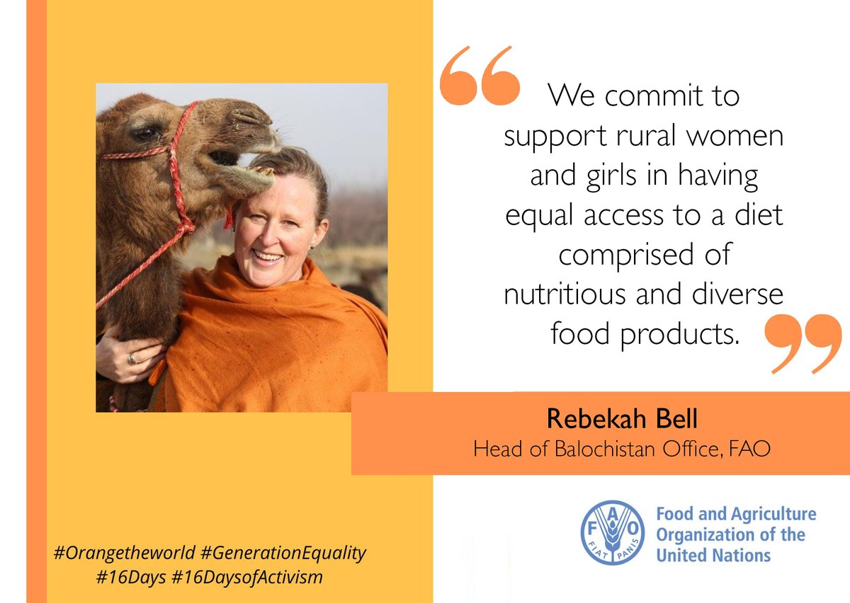 FAOPakistan's tweet photo. [16 Days of Activism] FAO Head of Office Balochistan, Rebekah Bell shares her commitment to support rural women and girls in having equal access to a diet comprised of nutritious and diverse food products. 

#OrangeTheWorld #16Days #GenerationEquality https://t.co/bbuV5rwvdz