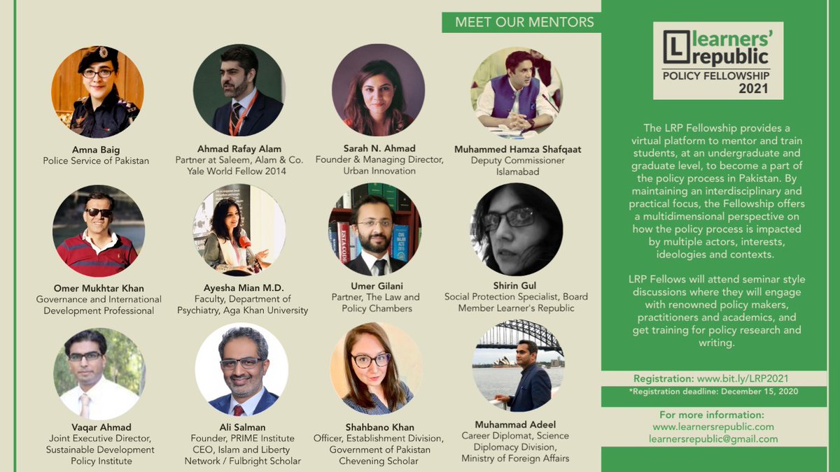navift's tweet image. We have requested policy professionals, academics, entrepreneurs &amp;amp; civil servants to join us as mentors to train &amp;amp; groom the next generation of policy makers &amp;amp; analysts through this policy fellowship by @LRTerrace. #LRP2021 #PakThink
Register by 15 Dec: bit.ly/LRP2021.