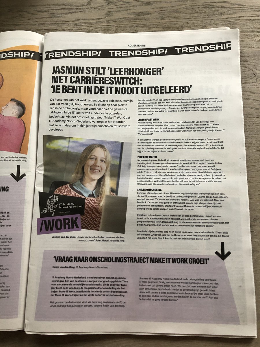 Afgelopen zaterdag <a href="/dvhn_nl/">Dagblad van het Noorden</a>: Jasmijn stilt 'leerhonger' met carrièreswitch: 'Je bent in de IT nooit uitgeleerd'.

Een verhaal over een carrièreswitch naar de IT en het omscholingstraject Make IT Work. Lees op onze website gerust het hele verslag 👉itacademy.nl/over-ons/refer… #hanze