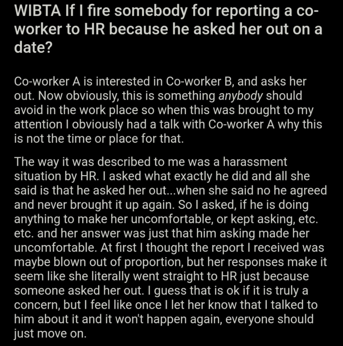 AITA_online's tweet photo. WIBTA If I fire somebody for reporting a co-worker to HR because he asked her out on a date?  https://t.co/l4it0uYzf5 https://t.co/UqgciyKT2t
