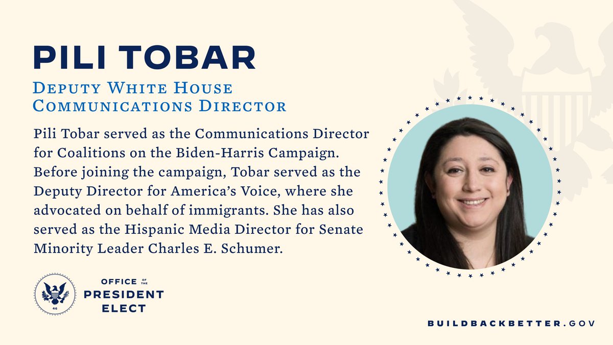 Congratulations to AV's former Deputy Director, <a href="/pilitobar87/">Pili Tobar</a>, on being named <a href="/JoeBiden/">Joe Biden</a>'s Deputy Communications Director! 

Pili's talent and drive will be an unmatched force in the White House just like it was on our team. #BidenTransition #BidenHarris