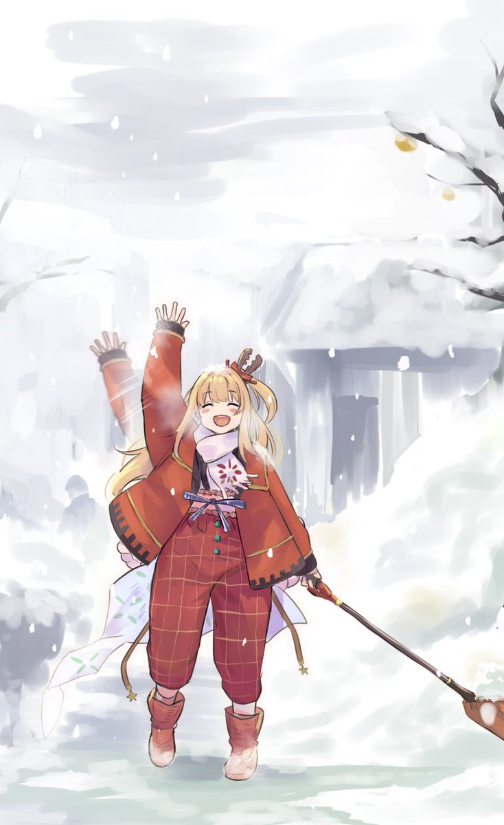 akai haato 1girl blonde hair snow long hair pants closed eyes red pants  illustration images