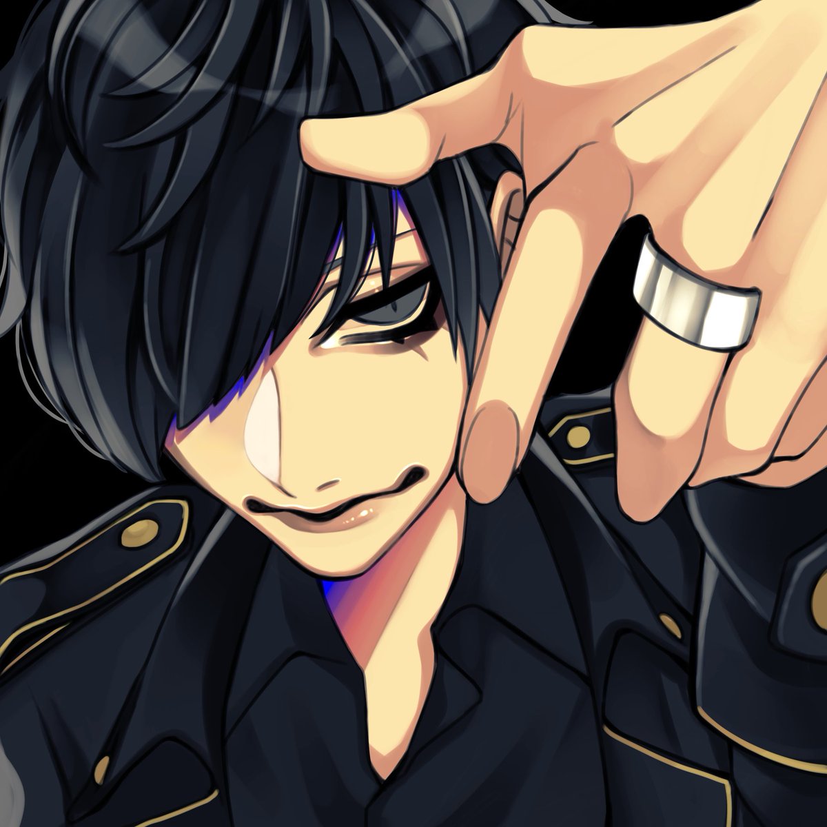 black hair solo 1boy male focus hair over one eye jewelry ring  illustration images